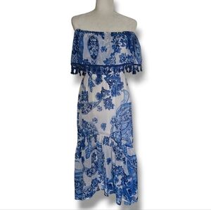 Flying Tomato Maxi Dress Size S Blue White Floral Off The Shoulder Tiered Ruffle